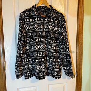 Lands End Black & White Winter Fair Isle Print 1/4 Zip Fleece Pullover Large